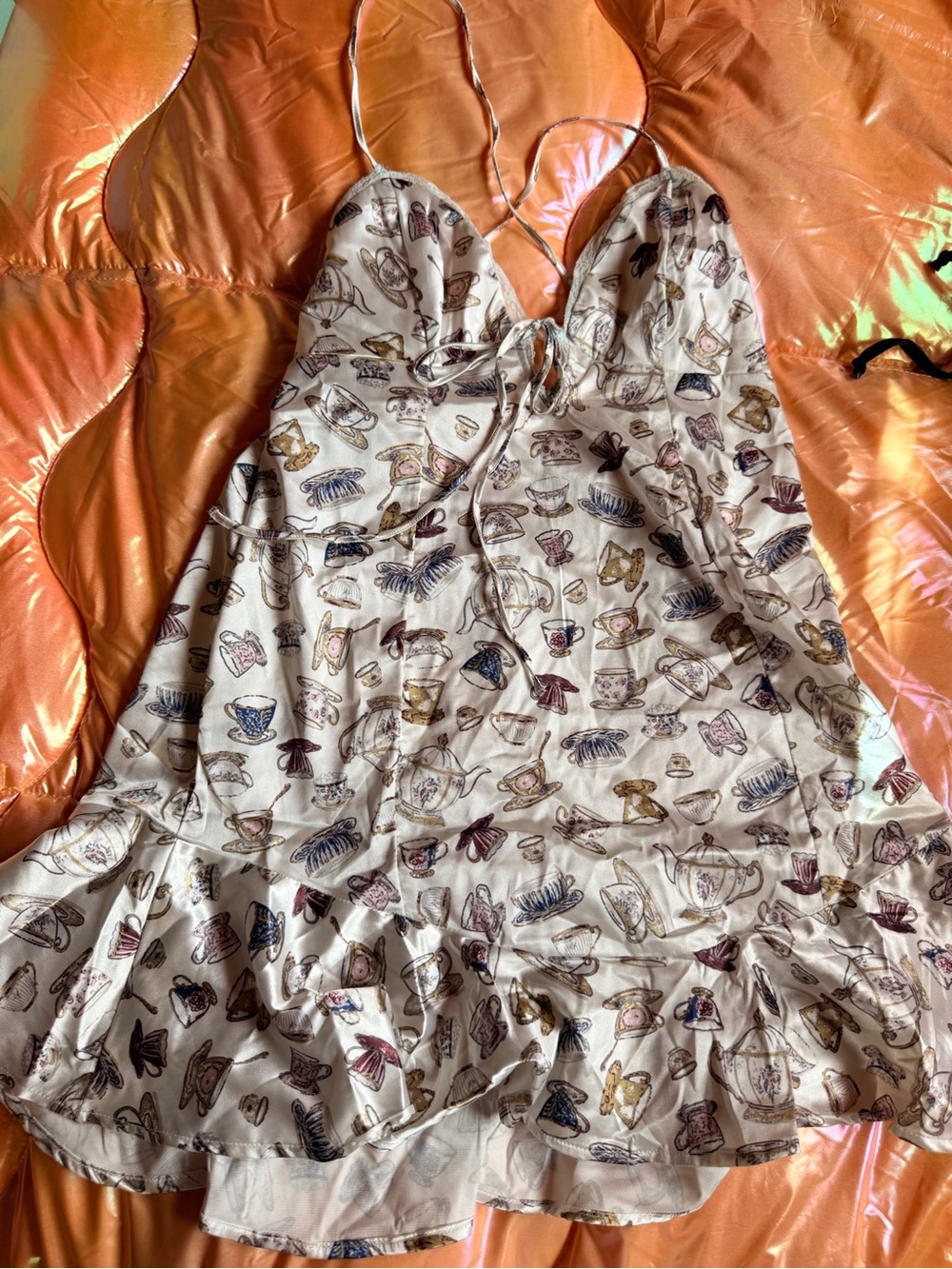 Urban Outfitters Cream Tea-Print Slip Dress with Ruffle Hem
